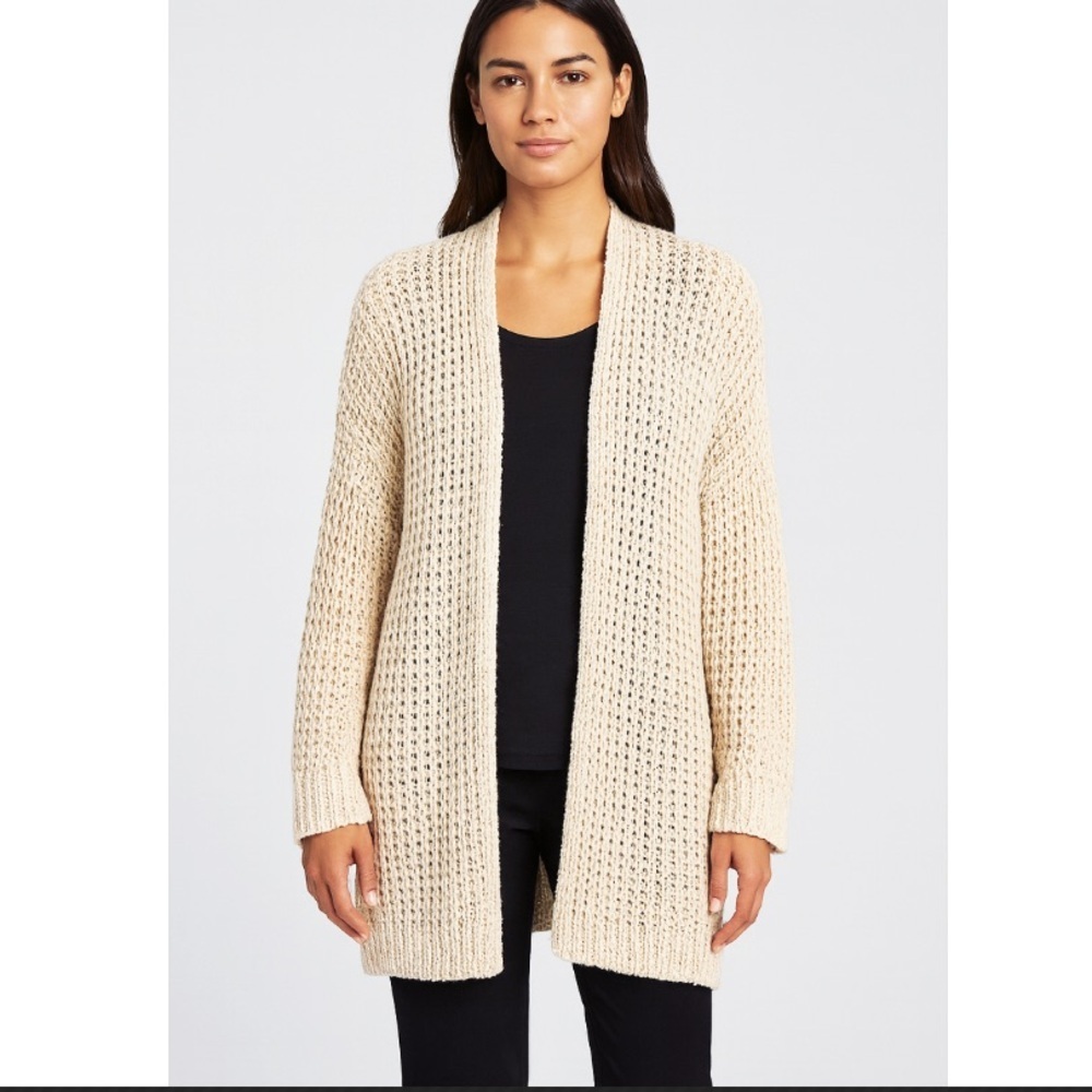 Eileen Fisher Ivory Open Knit Cardigan Sweater Cotton Linen Blend Relaxed Fit